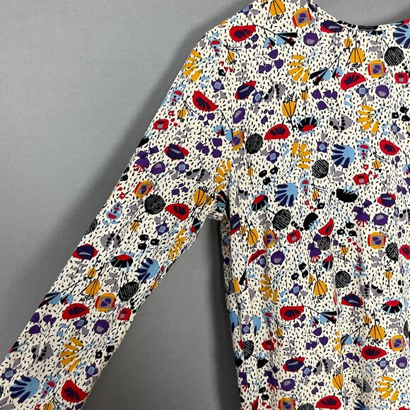 H&M Top Busy Abstract Print Eclectic High Low Cropped Sleeves Size 4 Button Back - Picture 8 of 11